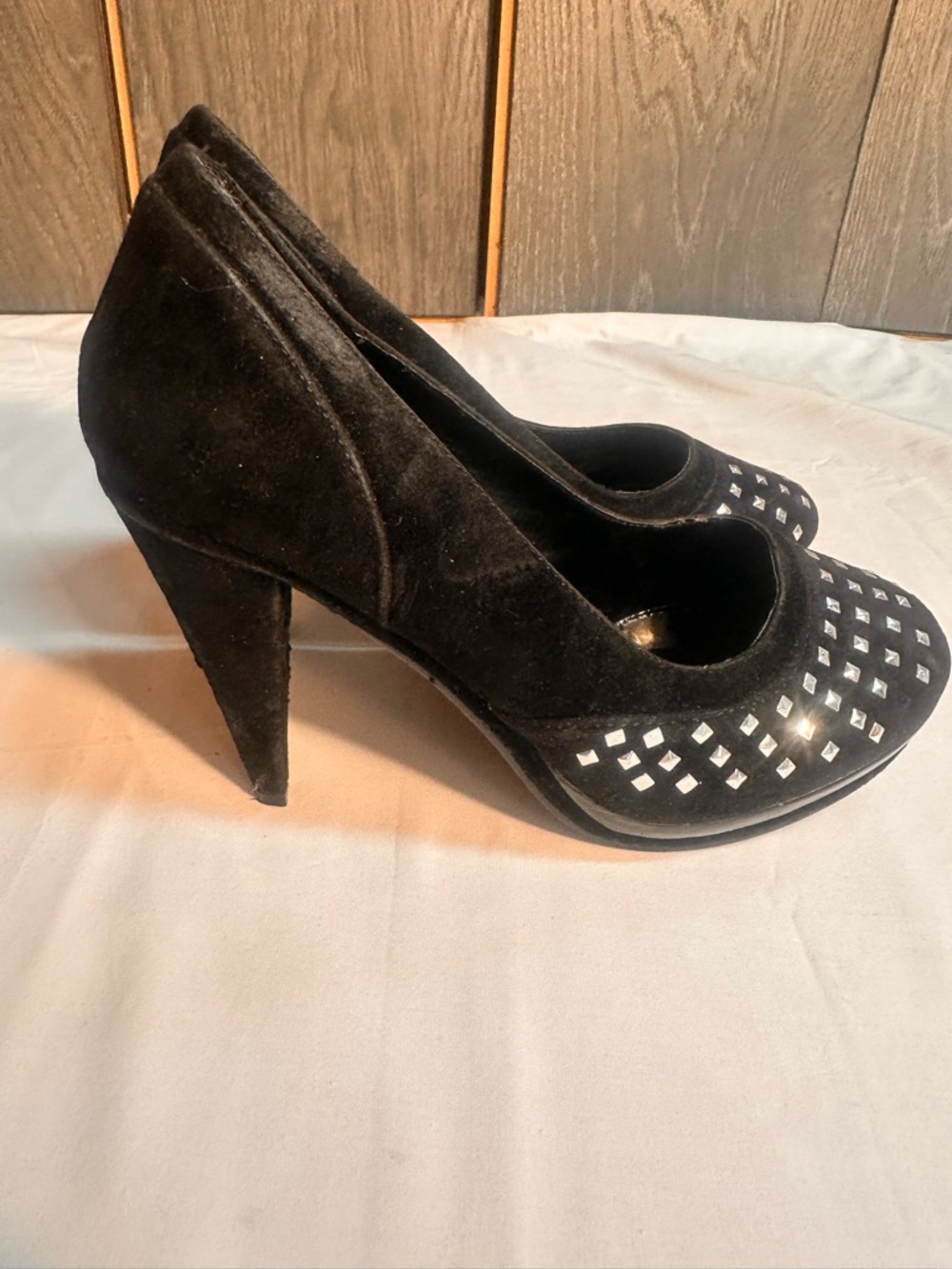 Reneeze Black Studded Suede High Heel Pumps